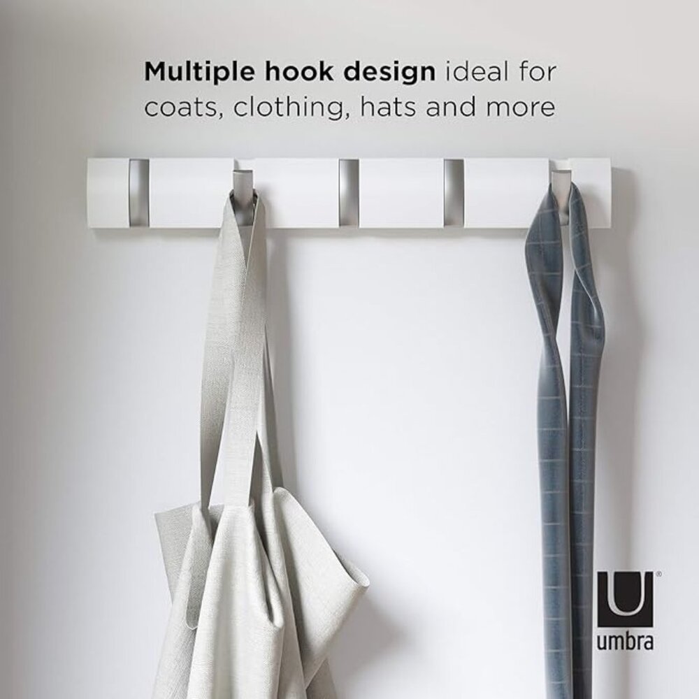 Umbra Flip Wall-Mounted Coat Rack Rail Hook for Hats, Jackets, Bags and More